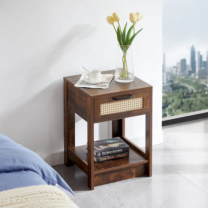 Table d'appoint en rotin 15,75 po avec tiroir, table de chevet moderne, table d'appoint pour salon, chambre, naturel