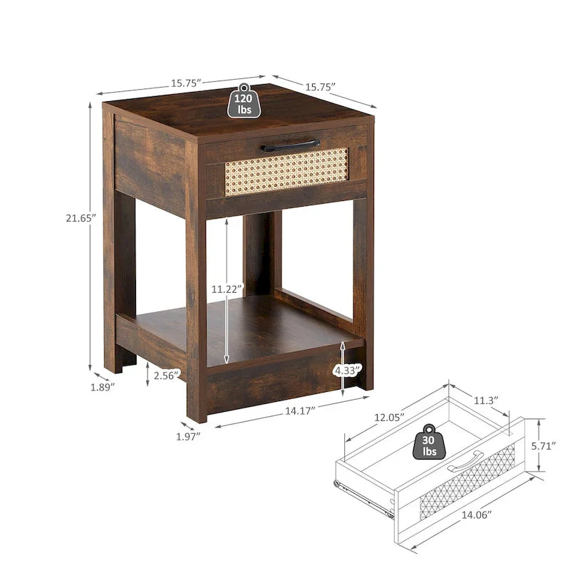 Table d'appoint en rotin 15,75 po avec tiroir, table de chevet moderne, table d'appoint pour salon, chambre, naturel
