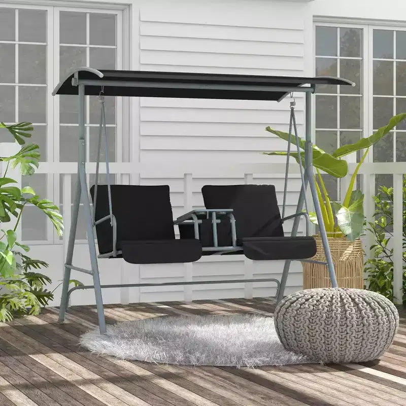 Balançoire de porche Outsunny 2 personnes avec support, balançoire d'extérieur avec auvent, table de rangement pivotante, 2 porte-gobelets, coussins pour patio, jardin