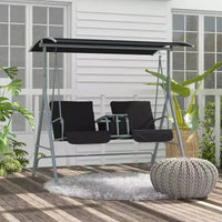 Balançoire de porche Outsunny 2 personnes avec support, balançoire d'extérieur avec auvent, table de rangement pivotante, 2 porte-gobelets, coussins pour patio, jardin