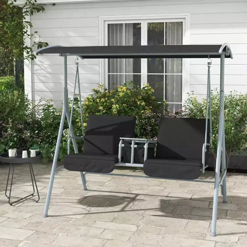 Balançoire de porche Outsunny 2 personnes avec support, balançoire d'extérieur avec auvent, table de rangement pivotante, 2 porte-gobelets, coussins pour patio, jardin