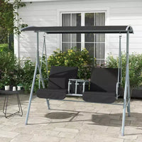 Balançoire de porche Outsunny 2 personnes avec support, balançoire d'extérieur avec auvent, table de rangement pivotante, 2 porte-gobelets, coussins pour patio, jardin