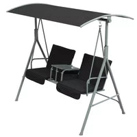Balançoire de porche Outsunny 2 personnes avec support, balançoire d'extérieur avec auvent, table de rangement pivotante, 2 porte-gobelets, coussins pour patio, jardin