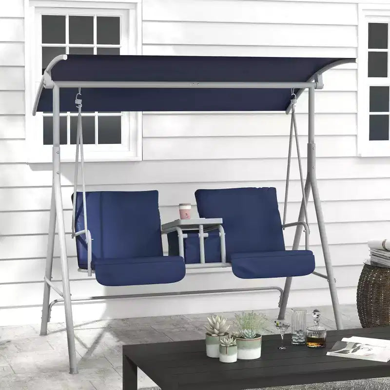 Balançoire de porche Outsunny 2 personnes avec support, balançoire d'extérieur avec auvent, table de rangement pivotante, 2 porte-gobelets, coussins pour patio, jardin