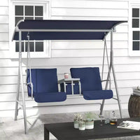 Balançoire de porche Outsunny 2 personnes avec support, balançoire d'extérieur avec auvent, table de rangement pivotante, 2 porte-gobelets, coussins pour patio, jardin