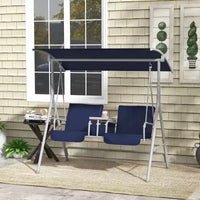 Balançoire de porche Outsunny 2 personnes avec support, balançoire d'extérieur avec auvent, table de rangement pivotante, 2 porte-gobelets, coussins pour patio, jardin