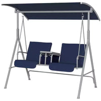 Balançoire de porche Outsunny 2 personnes avec support, balançoire d'extérieur avec auvent, table de rangement pivotante, 2 porte-gobelets, coussins pour patio, jardin