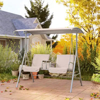 Balançoire de porche Outsunny 2 personnes avec support, balançoire d'extérieur avec auvent, table de rangement pivotante, 2 porte-gobelets, coussins pour patio, jardin