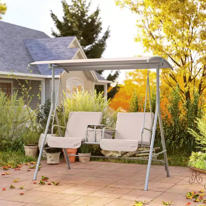 Balançoire de porche Outsunny 2 personnes avec support, balançoire d'extérieur avec auvent, table de rangement pivotante, 2 porte-gobelets, coussins pour patio, jardin