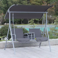 Balançoire de porche Outsunny 2 personnes avec support, balançoire d'extérieur avec auvent, table de rangement pivotante, 2 porte-gobelets, coussins pour patio, jardin
