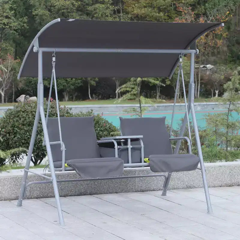 Balançoire de porche Outsunny 2 personnes avec support, balançoire d'extérieur avec auvent, table de rangement pivotante, 2 porte-gobelets, coussins pour patio, jardin