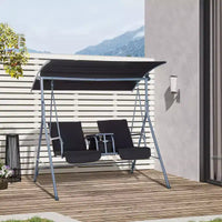 Balançoire de porche Outsunny 2 personnes avec support, balançoire d'extérieur avec auvent, table de rangement pivotante, 2 porte-gobelets, coussins pour patio, jardin