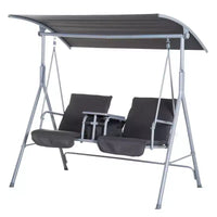 Balançoire de porche Outsunny 2 personnes avec support, balançoire d'extérieur avec auvent, table de rangement pivotante, 2 porte-gobelets, coussins pour patio, jardin