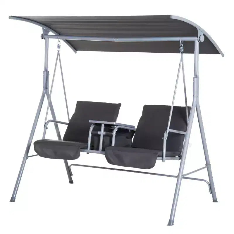 Balançoire de porche Outsunny 2 personnes avec support, balançoire d'extérieur avec auvent, table de rangement pivotante, 2 porte-gobelets, coussins pour patio, jardin