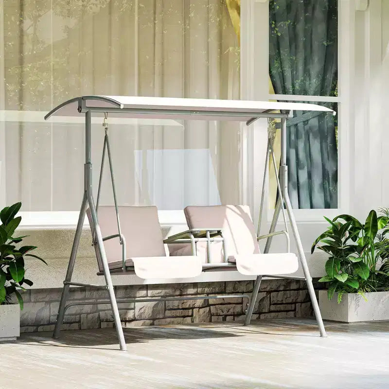 Balançoire de porche Outsunny 2 personnes avec support, balançoire d'extérieur avec auvent, table de rangement pivotante, 2 porte-gobelets, coussins pour patio, jardin