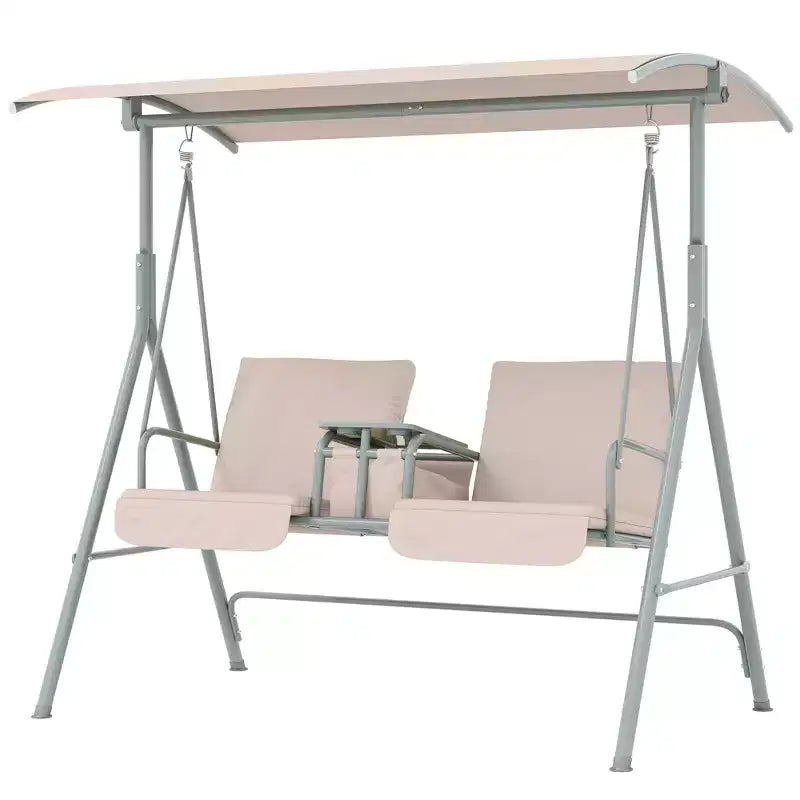 Balançoire de porche Outsunny 2 personnes avec support, balançoire d'extérieur avec auvent, table de rangement pivotante, 2 porte-gobelets, coussins pour patio, jardin