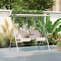 Balançoire de porche Outsunny 2 personnes avec support, balançoire d'extérieur avec auvent, table de rangement pivotante, 2 porte-gobelets, coussins pour patio, jardin