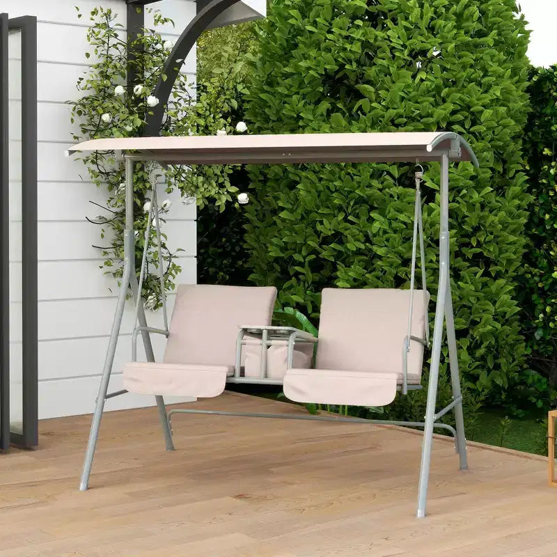 Balançoire de porche Outsunny 2 personnes avec support, balançoire d'extérieur avec auvent, table de rangement pivotante, 2 porte-gobelets, coussins pour patio, jardin