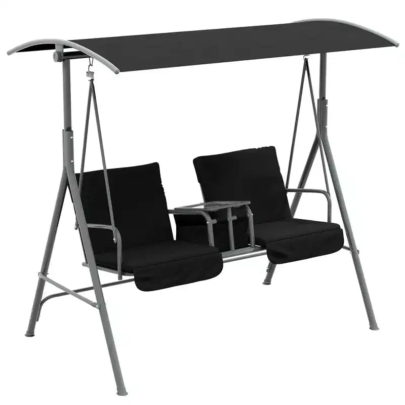 Balançoire de porche Outsunny 2 personnes avec support, balançoire d'extérieur avec auvent, table de rangement pivotante, 2 porte-gobelets, coussins pour patio, jardin