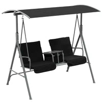 Balançoire de porche Outsunny 2 personnes avec support, balançoire d'extérieur avec auvent, table de rangement pivotante, 2 porte-gobelets, coussins pour patio, jardin
