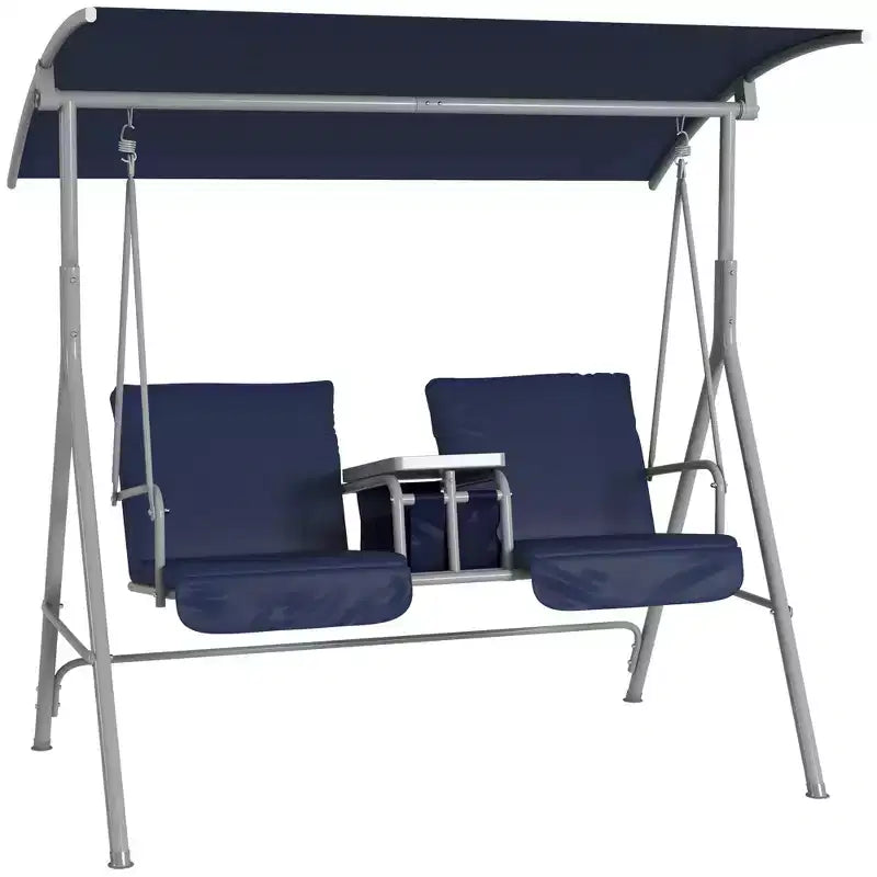 Balançoire de porche Outsunny 2 personnes avec support, balançoire d'extérieur avec auvent, table de rangement pivotante, 2 porte-gobelets, coussins pour patio, jardin