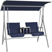Balançoire de porche Outsunny 2 personnes avec support, balançoire d'extérieur avec auvent, table de rangement pivotante, 2 porte-gobelets, coussins pour patio, jardin
