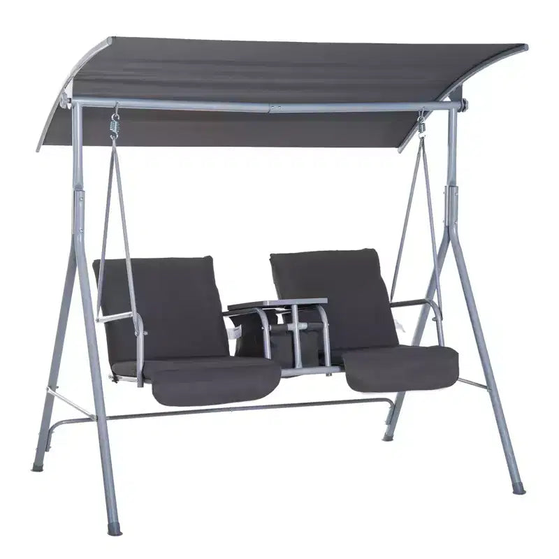 Balançoire de porche Outsunny 2 personnes avec support, balançoire d'extérieur avec auvent, table de rangement pivotante, 2 porte-gobelets, coussins pour patio, jardin