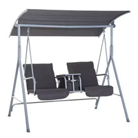 Balançoire de porche Outsunny 2 personnes avec support, balançoire d'extérieur avec auvent, table de rangement pivotante, 2 porte-gobelets, coussins pour patio, jardin