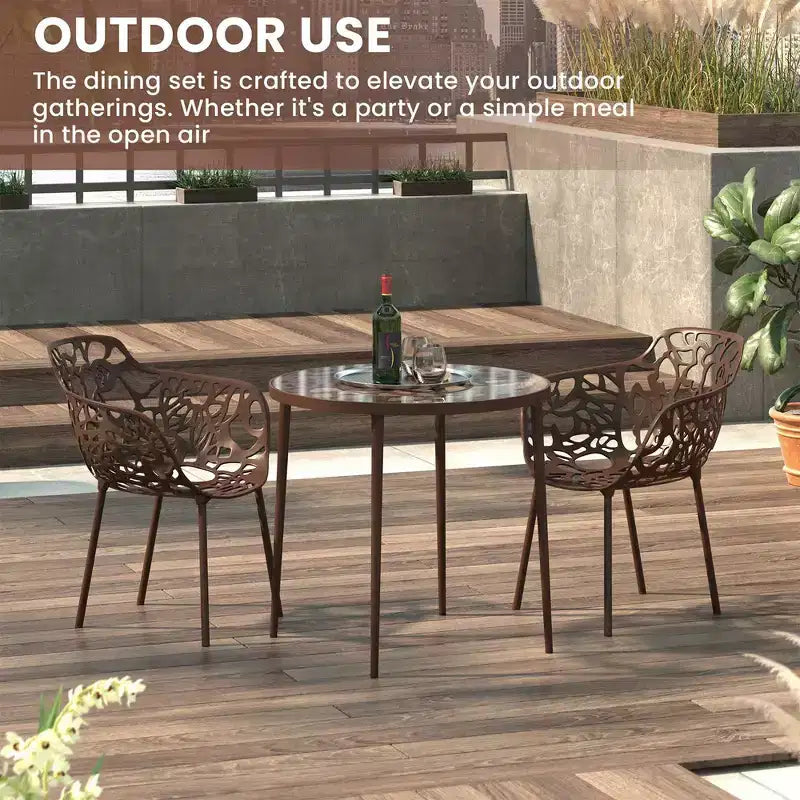 LeisureMod Devon Ensemble bistro extérieur 3 pièces en aluminium – Table de salle à manger avec plateau en verre et 2 chaises empilables en maille tout temps