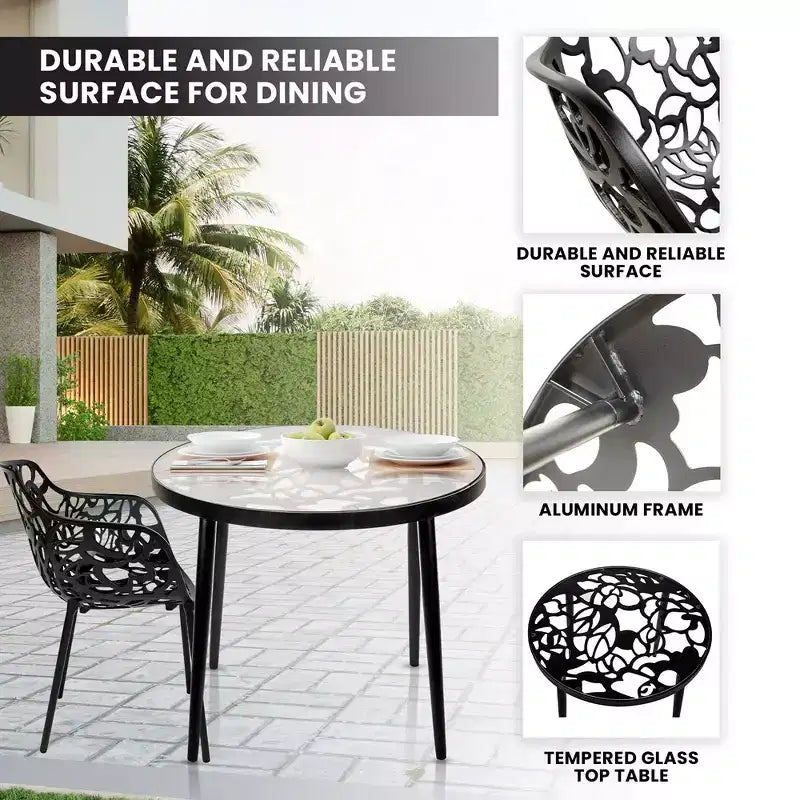 LeisureMod Devon Ensemble bistro extérieur 3 pièces en aluminium – Table de salle à manger avec plateau en verre et 2 chaises empilables en maille tout temps