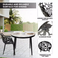 LeisureMod Devon Ensemble bistro extérieur 3 pièces en aluminium – Table de salle à manger avec plateau en verre et 2 chaises empilables en maille tout temps