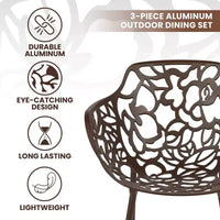 LeisureMod Devon Ensemble bistro extérieur 3 pièces en aluminium – Table de salle à manger avec plateau en verre et 2 chaises empilables en maille tout temps
