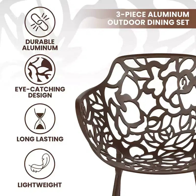 LeisureMod Devon Ensemble bistro extérieur 3 pièces en aluminium – Table de salle à manger avec plateau en verre et 2 chaises empilables en maille tout temps