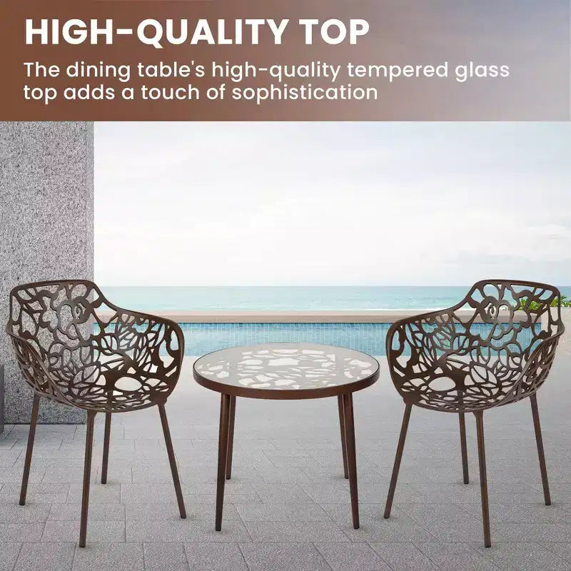 LeisureMod Devon Ensemble bistro extérieur 3 pièces en aluminium – Table de salle à manger avec plateau en verre et 2 chaises empilables en maille tout temps