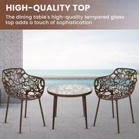 LeisureMod Devon Ensemble bistro extérieur 3 pièces en aluminium – Table de salle à manger avec plateau en verre et 2 chaises empilables en maille tout temps