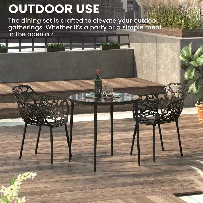 LeisureMod Devon Ensemble bistro extérieur 3 pièces en aluminium – Table de salle à manger avec plateau en verre et 2 chaises empilables en maille tout temps
