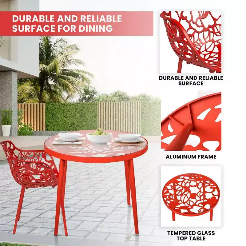 LeisureMod Devon Ensemble bistro extérieur 3 pièces en aluminium – Table de salle à manger avec plateau en verre et 2 chaises empilables en maille tout temps