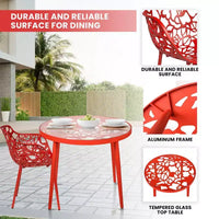 LeisureMod Devon Ensemble bistro extérieur 3 pièces en aluminium – Table de salle à manger avec plateau en verre et 2 chaises empilables en maille tout temps