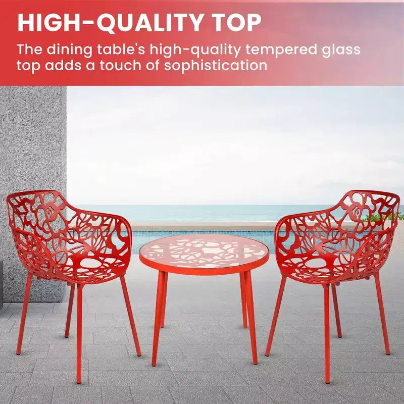 LeisureMod Devon Ensemble bistro extérieur 3 pièces en aluminium – Table de salle à manger avec plateau en verre et 2 chaises empilables en maille tout temps