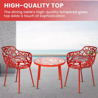 LeisureMod Devon Ensemble bistro extérieur 3 pièces en aluminium – Table de salle à manger avec plateau en verre et 2 chaises empilables en maille tout temps