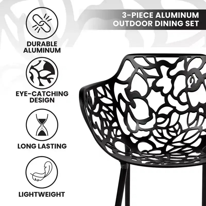 LeisureMod Devon Ensemble bistro extérieur 3 pièces en aluminium – Table de salle à manger avec plateau en verre et 2 chaises empilables en maille tout temps