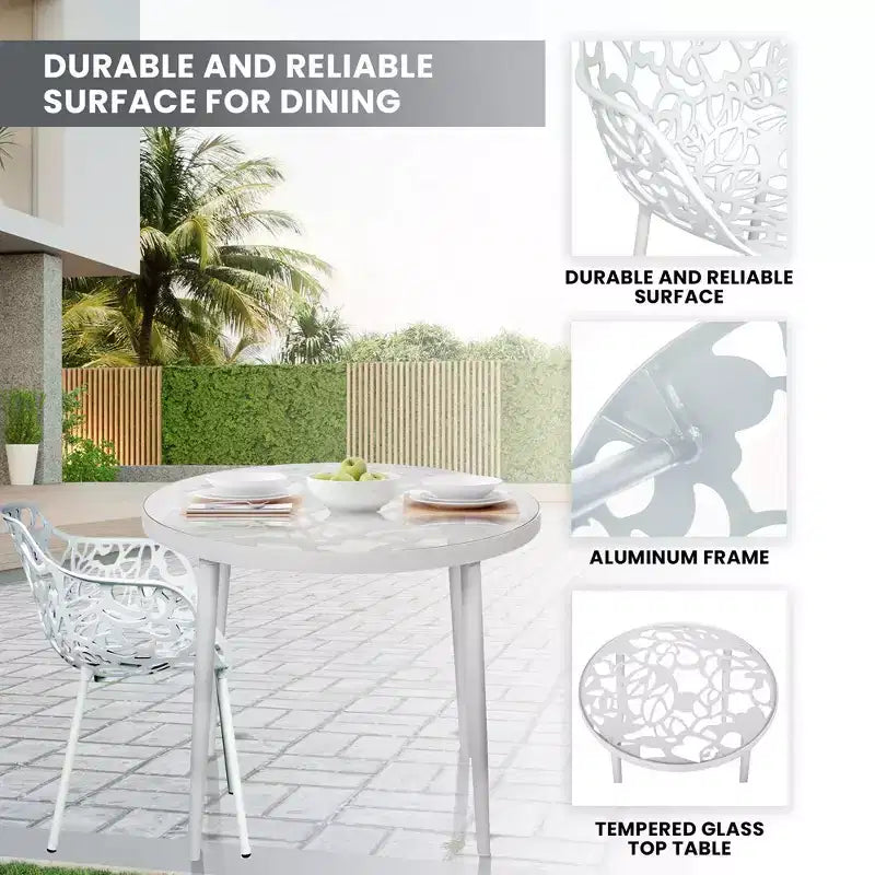 LeisureMod Devon Ensemble bistro extérieur 3 pièces en aluminium – Table de salle à manger avec plateau en verre et 2 chaises empilables en maille tout temps