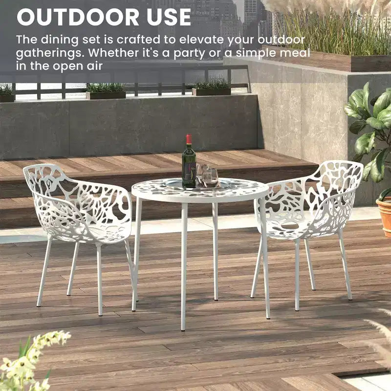 LeisureMod Devon Ensemble bistro extérieur 3 pièces en aluminium – Table de salle à manger avec plateau en verre et 2 chaises empilables en maille tout temps