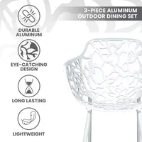 LeisureMod Devon Ensemble bistro extérieur 3 pièces en aluminium – Table de salle à manger avec plateau en verre et 2 chaises empilables en maille tout temps
