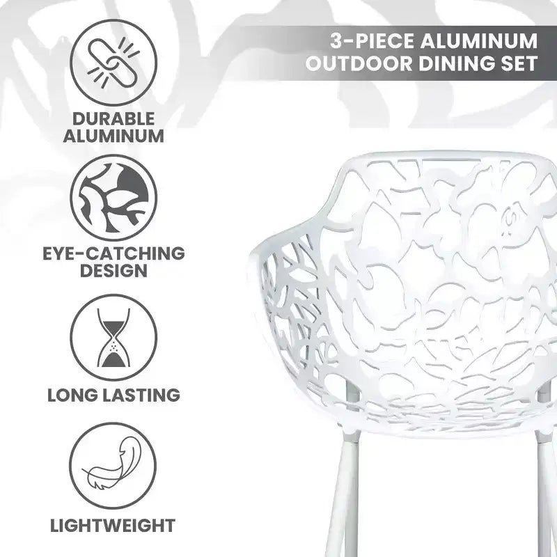 LeisureMod Devon Ensemble bistro extérieur 3 pièces en aluminium – Table de salle à manger avec plateau en verre et 2 chaises empilables en maille tout temps