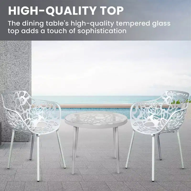 LeisureMod Devon Ensemble bistro extérieur 3 pièces en aluminium – Table de salle à manger avec plateau en verre et 2 chaises empilables en maille tout temps
