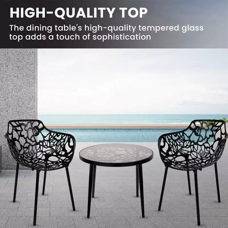 LeisureMod Devon Ensemble bistro extérieur 3 pièces en aluminium – Table de salle à manger avec plateau en verre et 2 chaises empilables en maille tout temps