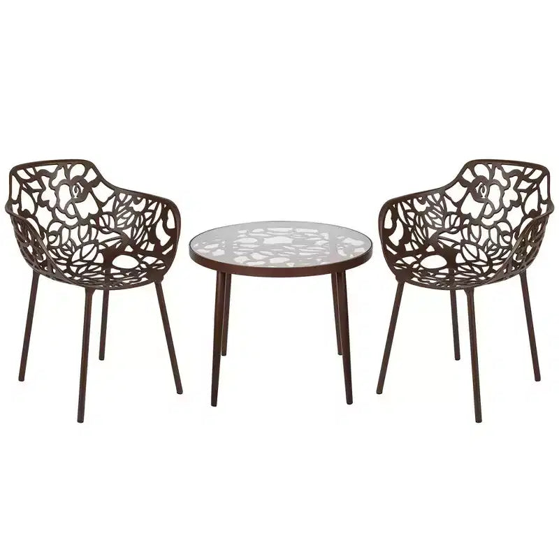 LeisureMod Devon Ensemble bistro extérieur 3 pièces en aluminium – Table de salle à manger avec plateau en verre et 2 chaises empilables en maille tout temps