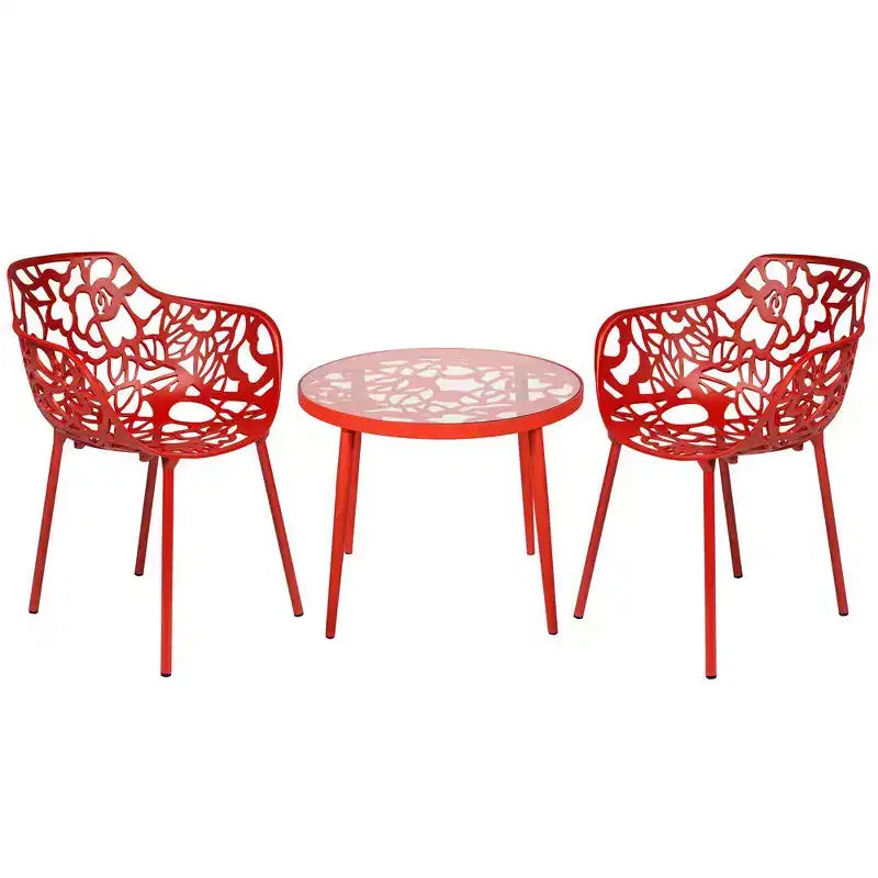 LeisureMod Devon Ensemble bistro extérieur 3 pièces en aluminium – Table de salle à manger avec plateau en verre et 2 chaises empilables en maille tout temps