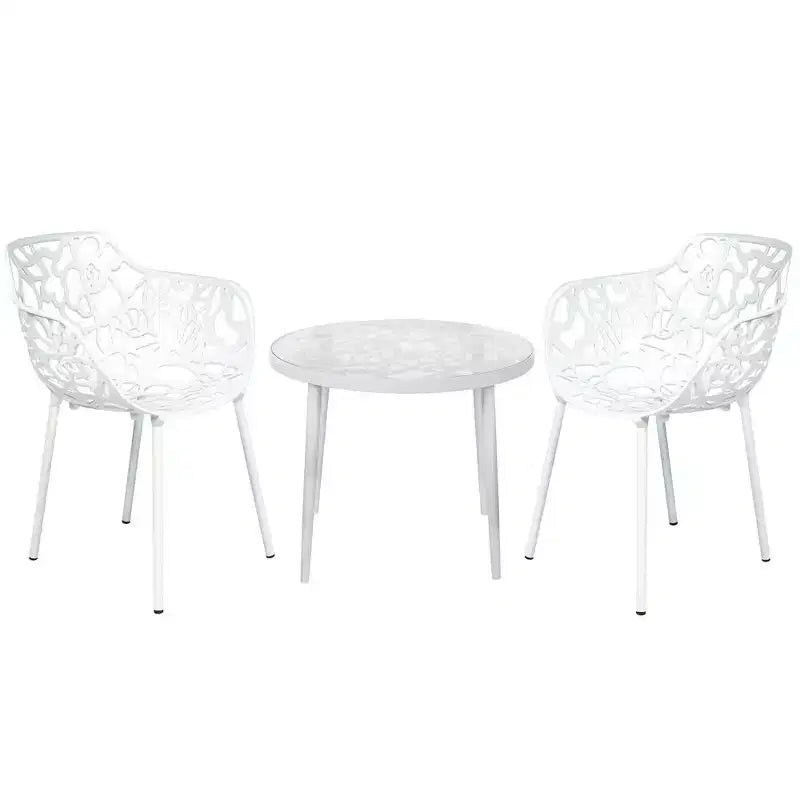 LeisureMod Devon Ensemble bistro extérieur 3 pièces en aluminium – Table de salle à manger avec plateau en verre et 2 chaises empilables en maille tout temps